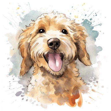 A hand-made clipart of a CUTE Labradoodle in a playful pose, with tongue out, white background, joyful, energetic, playful, watercolor palette, real life dog colors, shades of pastel golden, cream, and chocolate or brown, hand-drawn, vector art, cute and quirky, Adobe Illustrator, hand-drawn, soft lighting, retro aesthetic, focused on the character, 4K resolution, photorealistic rendering.