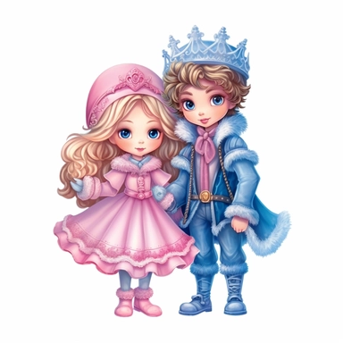Cute pink snow Princess and blue prince Sublimation Clipart, Illustration clipart, 4K, extremely detailed Sublimation Clipart,Cartoon,hyper realistic, intricate detail, illustration style,high solution,on the white background