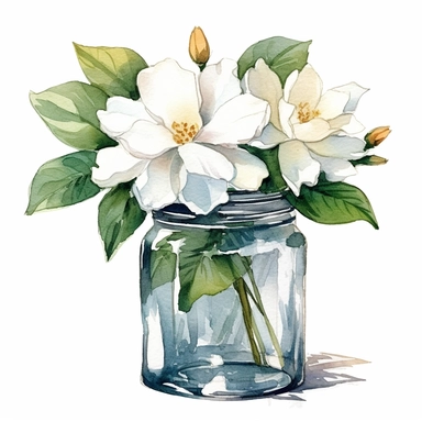 a bunch of gardenia in a glass jar no water mark, water colour clipart
