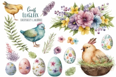 easter items clipart set isolated on white. Watercolor easter concept illustration set. Easter themed design on a white background, watercolor, hyperrealism, high detail, separate elements, set