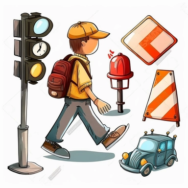 crosswalk guard elements clipart,Stop sign ,Whistle ,Hand signals,Cone ,Clipboard ,Hat,Walkie-talkie,Backpack ,Safety lights ,Training materials,school crosswalk ,crosswalk sign,2d cartoon illustration watercolor ,white background