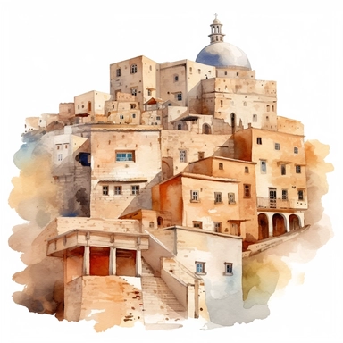 watercolor mardin town in turkiye, illustrations clipart set, simple, , cartoon elements ,different variants , historic stone houses,historic buildings, cobblestone lanes, tone facades of the buildings, Mardin's stone Alleyways separate elements with a margin