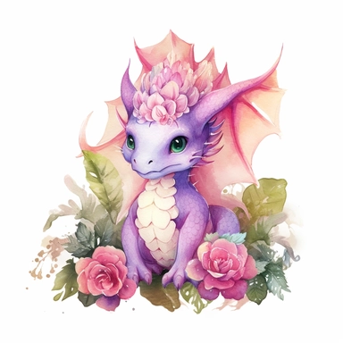 Watercolor fantasy baby dragon clipart full body, sitting, surrounded by flowers, pink and purple color palette, hand painted, white background