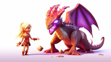 two shot of full body human blonde viking woman humanoid in full gear petting her Cute Beautiful 3d winged baby red fire dragon quadruped that's Standing, Vector Sublimation Clipart, Cartoon, disney infinity art style, hyper realistic, in-game model, intricate detail, illustration style, high solution, on the white background, dozens of purple crystal gems on the floor