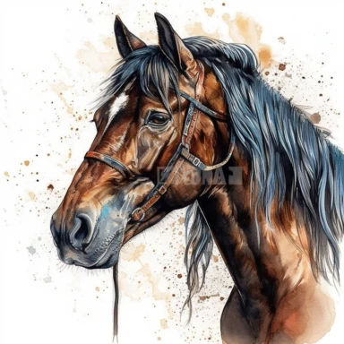 Mustang Horse, highly detailed, watercolor, clipart, illustration, white background, digital painting, paper crafting, no signature, no text