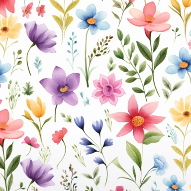 flora, flowers, Watercolor, vector, white background, clipart, Seamless patterns, repeating patterns design, flat illustration, outlined , Vector, 4K, Art station, digital print, highly detailed clean, A detailed illustration a field,3D vector art, cute and quirky, fantasy art, watercolor effect, bokeh, Adobe Illustrator, hand-drawn, digital painting, low-poly, soft lighting, bird's-eye view, isometric style, retro aesthetic, focused on the character, 4K resolution, vector image, photorealistic 