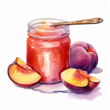 watercolor, hyper realistic, white background, white margins, 16k, ultra detailed clipart, cut out image, hand-drawn a jar of homemade peach jam, complete with a label and a spreader, symbolizing the delicious result of preserving fresh peaches. pink and purple