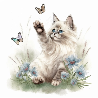 hand drawn ragdoll kitten, reaching for a butterfly, grass, flowers, very detailed and realistic, watercolor, clipart style