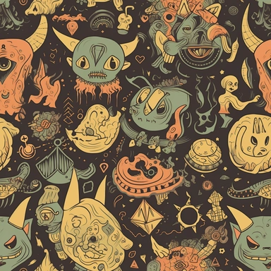 Comical Occult Creatures: Design a pattern that showcases the lighter side of satanic creatures and symbols using a humorous clipart style. Focus on capturing the amusing characteristics of characters like Baphomet wearing a party hat, a skateboarding demon, or a vampire sipping a cocktail. Employ a diverse range of colors, from dark, moody shades to vibrant, eye-catching hues, to create a visually captivating and entertaining composition.