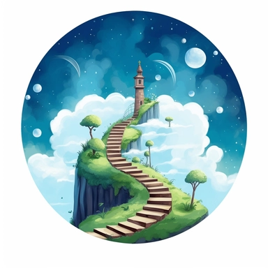 stairs leading to the little planet earth, clipart, clean background, Classic Cartoon Style, dreams