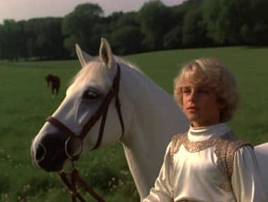 arthur as a young squire is walking next to a white horse, medieval clothing, vhs clip of 1981 movie the grail, in the style of home video, thumbnail
