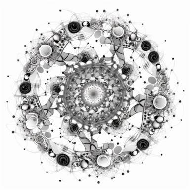 optical illusion of Spiraling fractal vortex of molecules, stylized disney cyberpunk 2077, style of the an illustrated celtic medieval manuscript on a white background, Molecule hexagon, goblin gremlin clipart - - niji