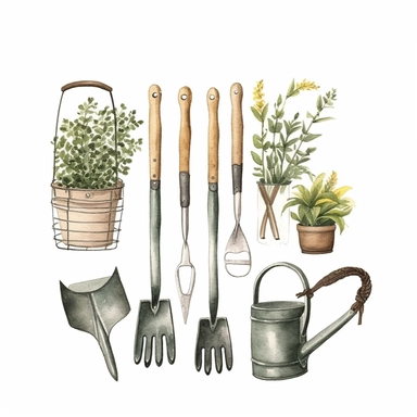 basic watercolor garden tools spaced in minimal hand drawn style, Etsy, textured, clipart, white background