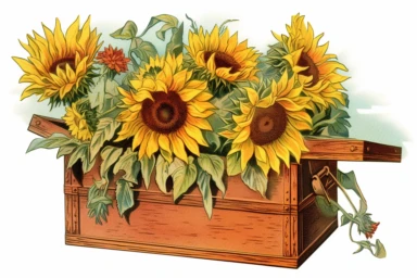 Vintage 1920 detailed open victorian gift box of Sunflowers Illustration , Chromolithograph, Die Cut, 1920s Illustration, Vintage, Chromolithograph, Colorful, Antique, Ephemera, Clipart, 8k, Isolated on white