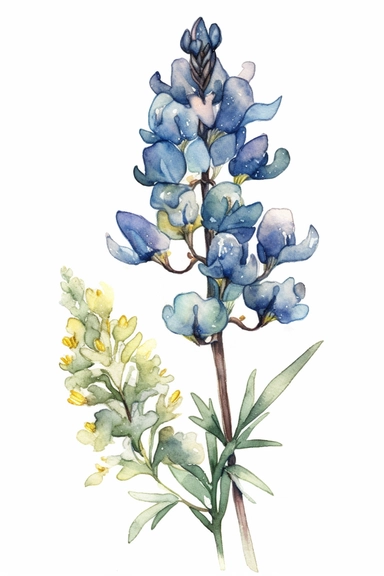 watercolor, Bluebonnet flower, clipart hd, on white background, dreamy, spaced out