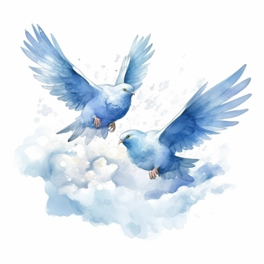 Clipart, watercolor, white background: Two blue birds playfully chasing each other amidst a cluster of fluffy white clouds.