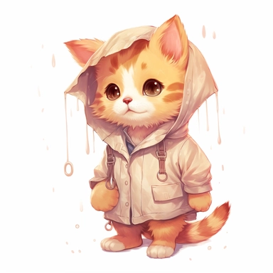 anime 300 dpi white background clipart A kitten wearing a tiny raincoat, with raindrops bouncing off it.