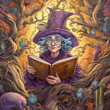 COMIC/CARTOON fantasy magical wacky witch reading books in a huge tree,large eyeglasses, hats, muted colors, swirls, twists, twirls, metallic, glitter, stylized, funny, centered, airbrushed, digital oil, detailed illustration, clip art, cartoon, 8k, ar 9:8