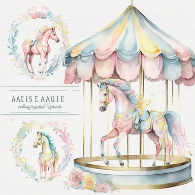 pastel pink, blue, yellow carousel horse, banners watercolor clipart