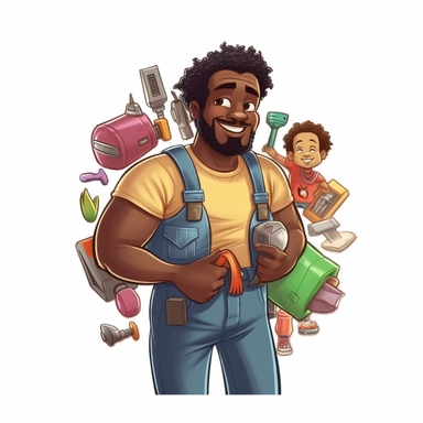DIY Handyman: Design a clip art featuring an afro-caribbean dad holding a toolbox and wearing a tool belt, ready to tackle a home improvement project. This clip art can represent dads who are skilled in DIY tasks and always there to fix things around the house.