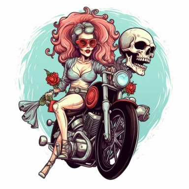 skull headed and skull faced motorcyclist on a harley looking like a las vegas showgirl white background clipart c 100