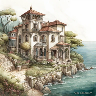 A rich color watercolored pencil painting of a seaside Mediterranean home in the style of Octopath Traveler, clean lines, intricate details, realistic, clipart, white background, png,