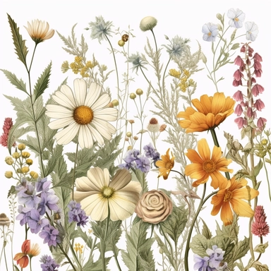Pressed boho wild flowers cottagecore vintage botanical pastel floral nature flower garden with seamless border, clipart with white background –ar 293:151