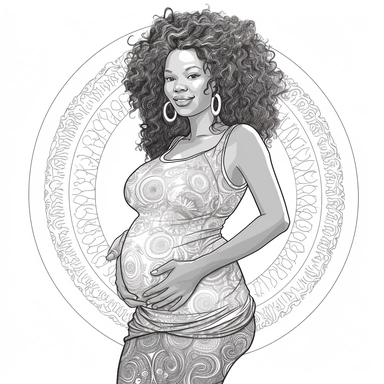 coloring page . Beautiful black woman .pregnant baby bump showing , beautiful, clipart, school background, detailed, happy, glamorous
