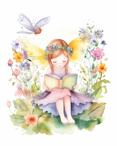 very simple watercolour childrens book style drawing of a cute fairy reading a book surrounded by flowers, pastel colours soft on white background for clipart, 8k