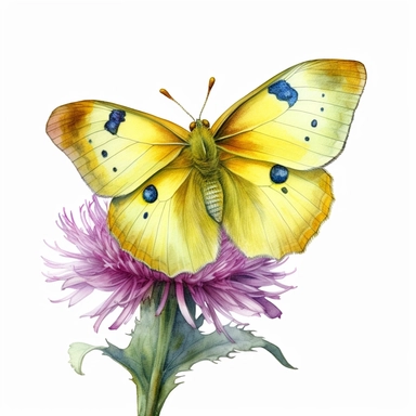 Clouded yellow butterfly on a flower, Watercolor clip art, high quality image, soft pastel, cinematic, dramatic, ultra realism, 4k, very detailed, white background