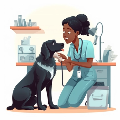 A cute female vet is in her vet clinic, the vet takes care of one big sick black dog, pixar style clipart, detailed face