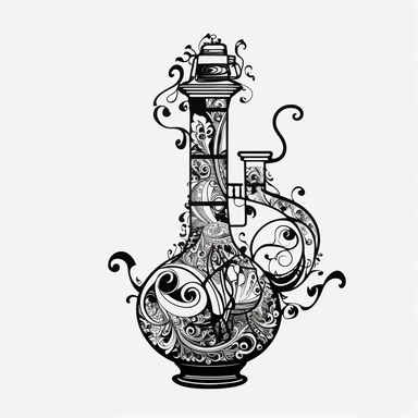 smoking glass bong , black and white, clipart, tribal lines, clear transparent background