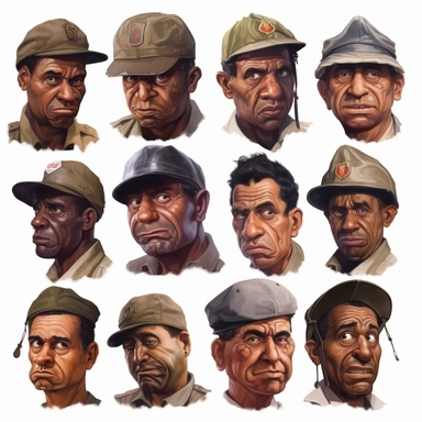 a clipart gallery of the faces of world war 2 soldiers form the united states army, african-american, buffalo soldiers, helmets, photo realistic, white background, grim and stern face, in the style of a caricature, oil painting, 3/4 angle