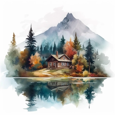 Watercolor Mountain far away, Forest House Near Lake Clipart