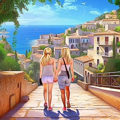 panoramic view, full view, landscape, two beautiful older female best friends with blonde hair walking side by side smiling and chatting, beautiful faces, along a cobblestone walkway in a beautiful mediterranean town with view of beautiful blue water, cascading bougavanelia, beautiful summer day, illustration clipart, photo realistic, romantic, fantasy, ethereal, sharp focus, high detail,