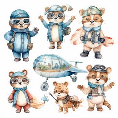 Airplane watercolor clipart set Cute animals illustration