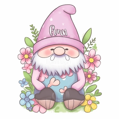 an adorable, cute clipart-style Gonk gnome illustration, perfect for Mother's Day product designs. A sweet, cheerful expression and wear a soft pastel-colored outfit, incorporating gentle shades of pink, lavender, and mint green to convey a warm, motherly vibe. Add charming details such as a floral-patterned hat, a small bouquet of flowers in its hand, and a heart-shaped pendant around its neck, a simple, flat design with clean lines, making it easy to print and incorporate into various Mother's