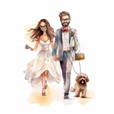 Watercolor clipart cute tall slim kawaii elegant groom wearing glasses with a beard walking hand in hand with a bride with long straight hair wearing glasses smiling , with a small shaggy dog on a leash
