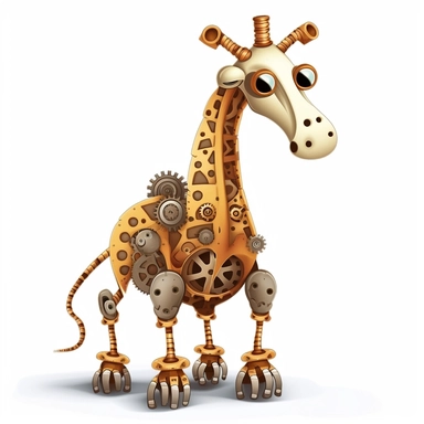 friendly giraffe with cute eyes, standing up, in the style of steampunk, clipart, white background, lots of cogs