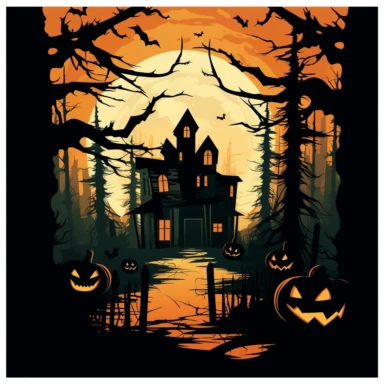 clipart, A spooky silhouette of a haunted house surrounded by eerie trees and glowing pumpkins. The house should have glowing windows, and the trees should have neon-colored leaves. The overall atmosphere should be mysterious and haunting. Camera setup: Low-angle shot with a wide-angle lens to capture the grandeur of the house. Use a tripod and long exposure to enhance the glowing effect