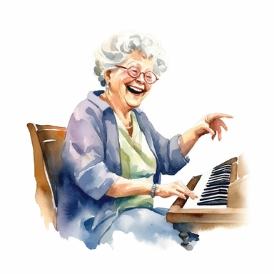 a delightful watercolor clipart image with a white background, featuring cute sweet extremely happy Granny playing her favorite piano piece, her fingers gracefully dancing on the keys.