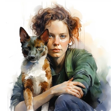 Sigourney Weaver like Ripley with Jonesy cat, character from movie Alien, watercolor painting, cinematic lighting, clipart, white background