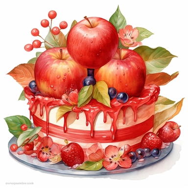 create a one of a kind high quality highly detailed saturated beautiful WATERCOLOR CLIPART ILLUSTRATION OF RED APPLE cake painting watercolor illustration for iphone, in the style of vincent callebaut, fluid color combinations, elaborate fruit arrangements, zinaida serebriakova, creative commons attribution, tim holtz, joyful celebration of nature, WHITE BACKGROUND, NO TEXT, NO FONT, NO WORDS, NO SYMBOLS