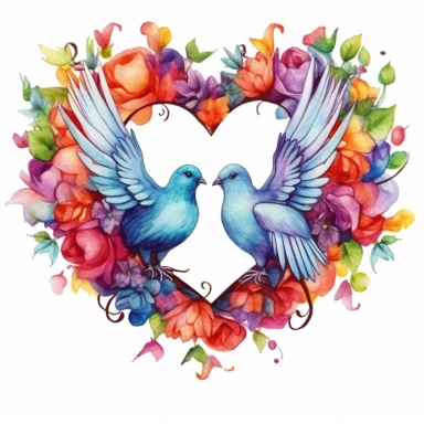 rainbow watercolor clipart of wedding doves kissing inside a floral heart wreath, colored ink illustration, good composition, vector, contour, isolated white background, 26k