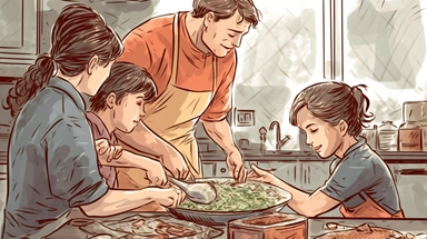 a caucasian family cooks in the kitchen clipart, in the style of gesture painting, colorized, fine attention to anatomy, the pictures generation, group material, hand-coloring, tachisme