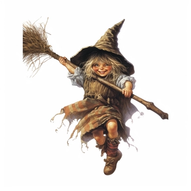 a clip art on white background in the style of Bob Byerley of an old woodland witch with a flying broom