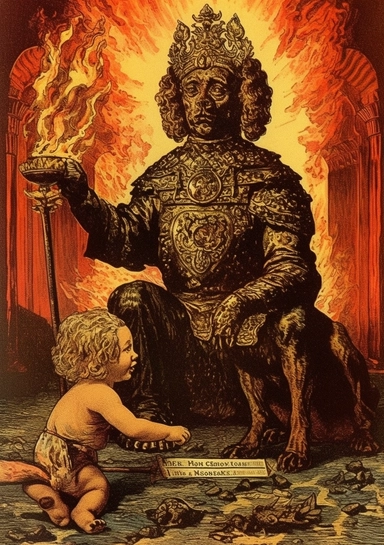 ancient myth the king of dogs by irving hicks ytst royal clip art by rick whitney, in the style of demonic photograph, 1860–1969, environmental activism, madonna and child, burned/charred, historical illustration, giant money sculptures