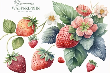 watercolor strawberries bouquet, isolated, white background, clipart, vibrant colors