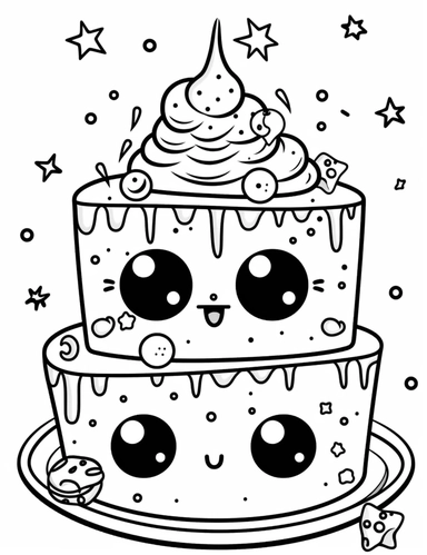 Imagine a kawaii cake slice with eyes and a joyful expression, decorated with frosting and sprinkles. Use your favorite colors to make it celebr For Simple Coloring page,Big eyes,line art, thick lines, black and white,clipart, illustration, on white background,Detailed,Details