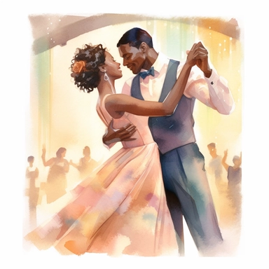 First Dance Clipart: This watercolor piece illustrates an african couple's first dance, capturing their joy and love in soft pastel hues.